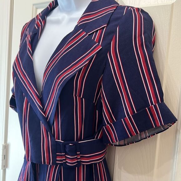 ASOS Pantsuit Sz 0 V Neck Collar Short Sleeve Navy Blue Red Striped Side Belted - Picture 4 of 15